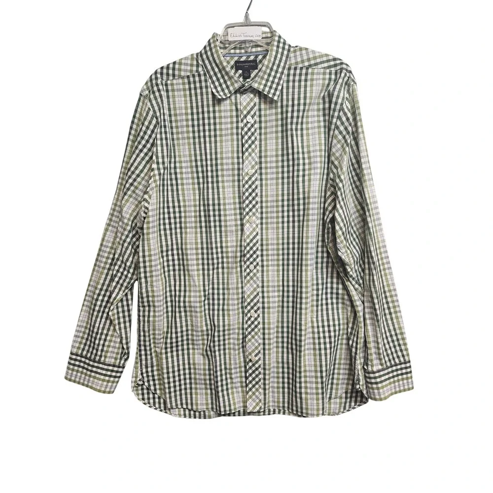 Banana Republic Mens XL Green White Gingham Plaid Long Sleeve Button Down Shirt